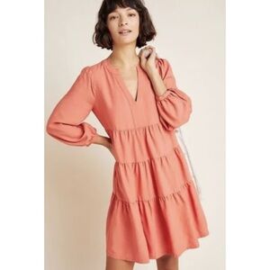 Anthropologie Maeve Amber Tiered Ruffled Tunic Dress coral size small petite